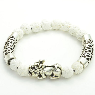 Stainless Steel LUCKY PIXIU & White Lava Essential Oil Diffuser Beaded Bracelet